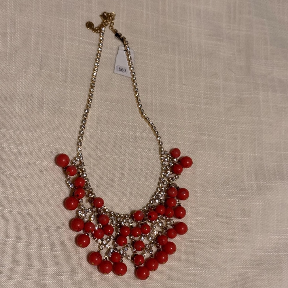 ROBERTA CHIARELLA New York City red beaded bib necklace gold adjustable clasp‎